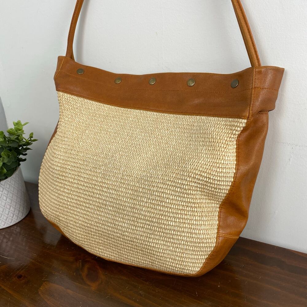 Furla Straw and Cognac Leather Slouchy Hobo Shoulder Bag Tote Bohemian Chic - Picture 2 of 14